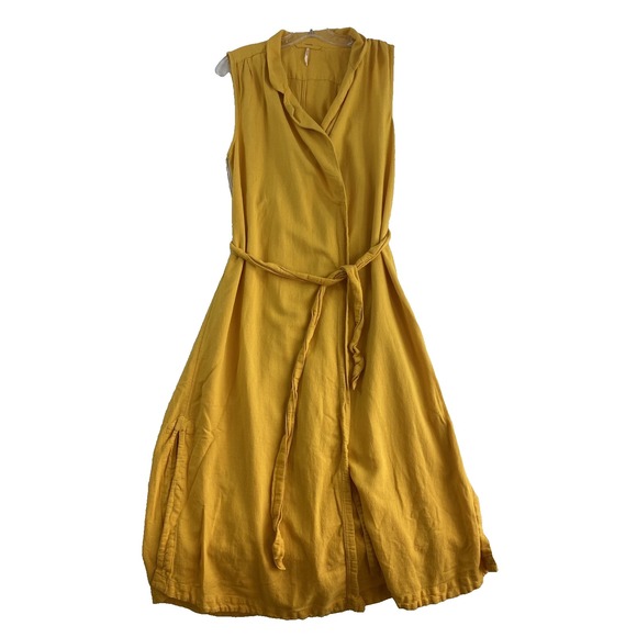 Free People Midi Wrap Dress Women Sz M Yellow Linen Cotton Blend Coastal - Picture 2 of 9
